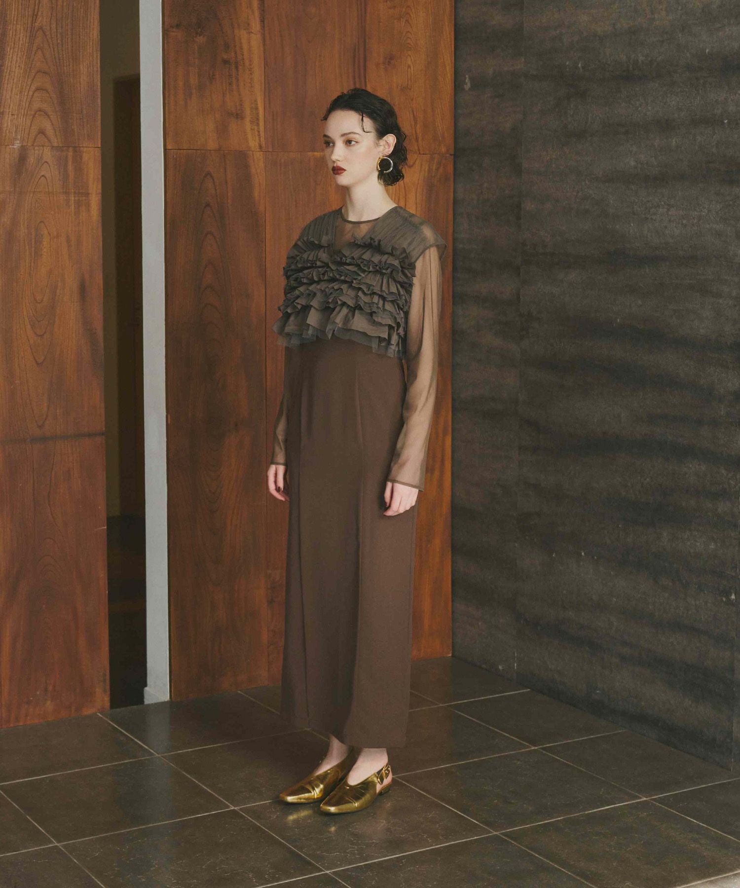 ✨新作/新品✨ANDRESD satin dressブラウン taffeta tulle vest set dress | ANDRESD