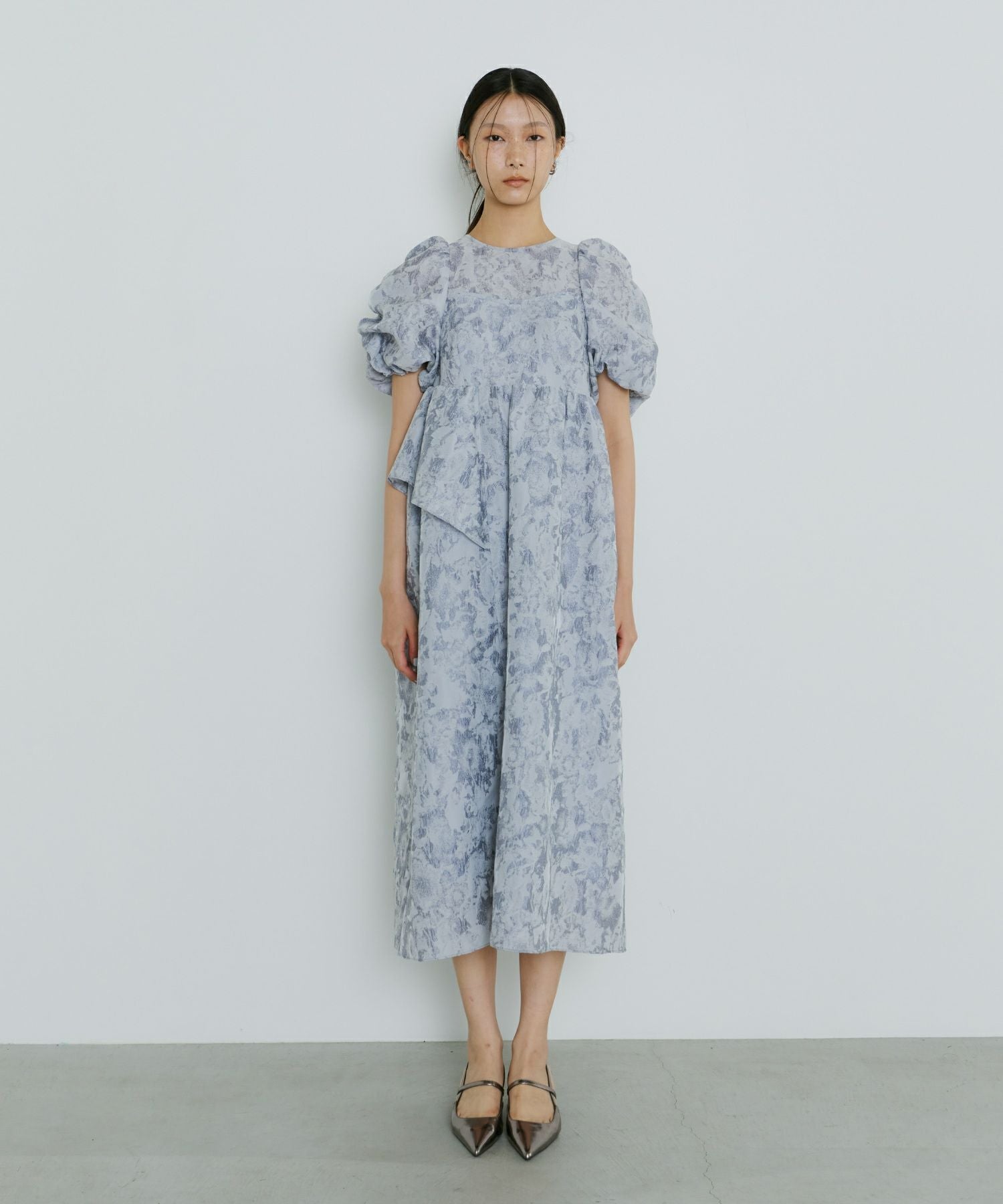 bubble sleeve jacquard dress ブルー bubble sleeve jacquard dress | ANDRESD