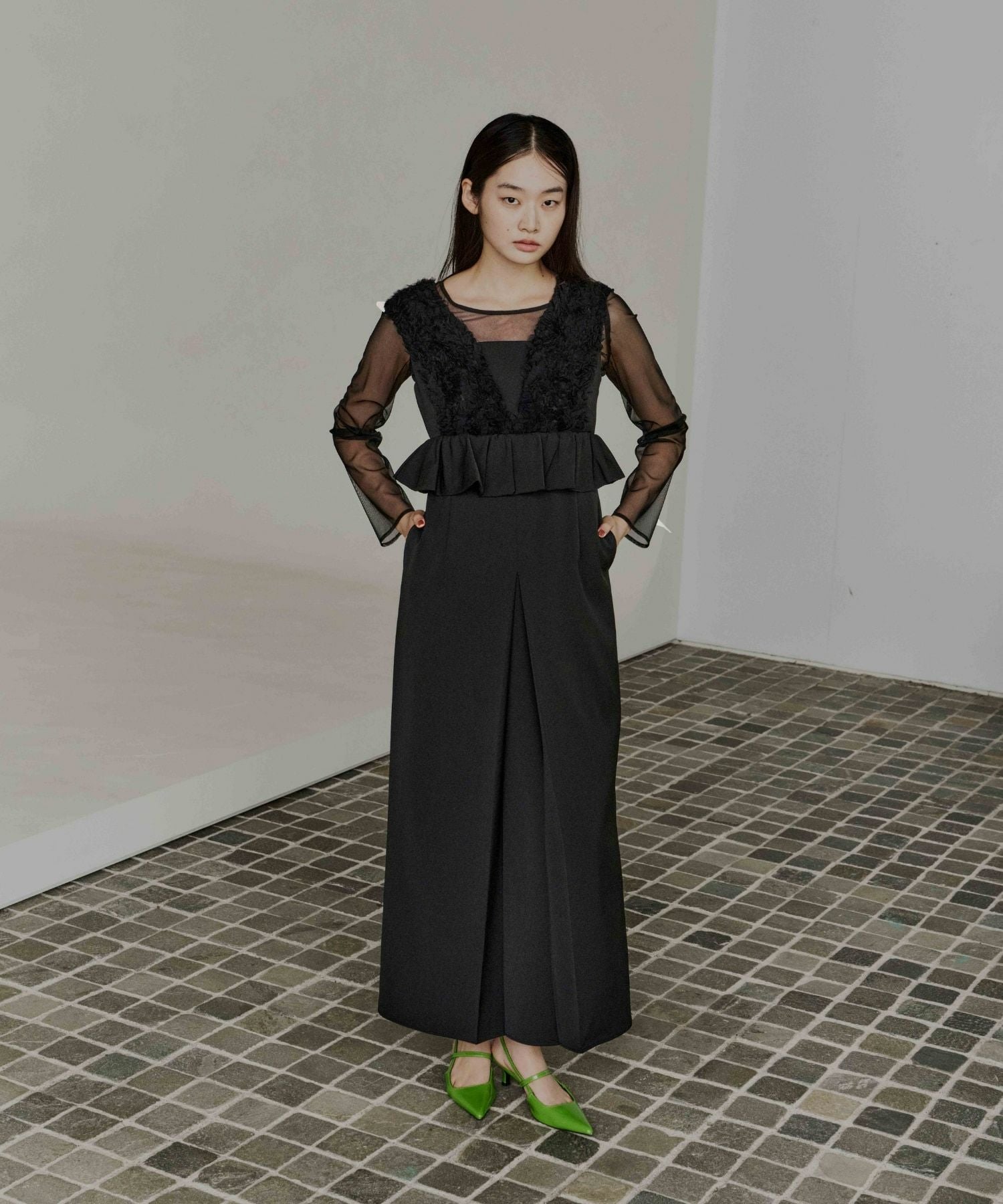 ANDRESD volume tulle peplum dress ブラック S volume tulle peplum dress | ANDRESD