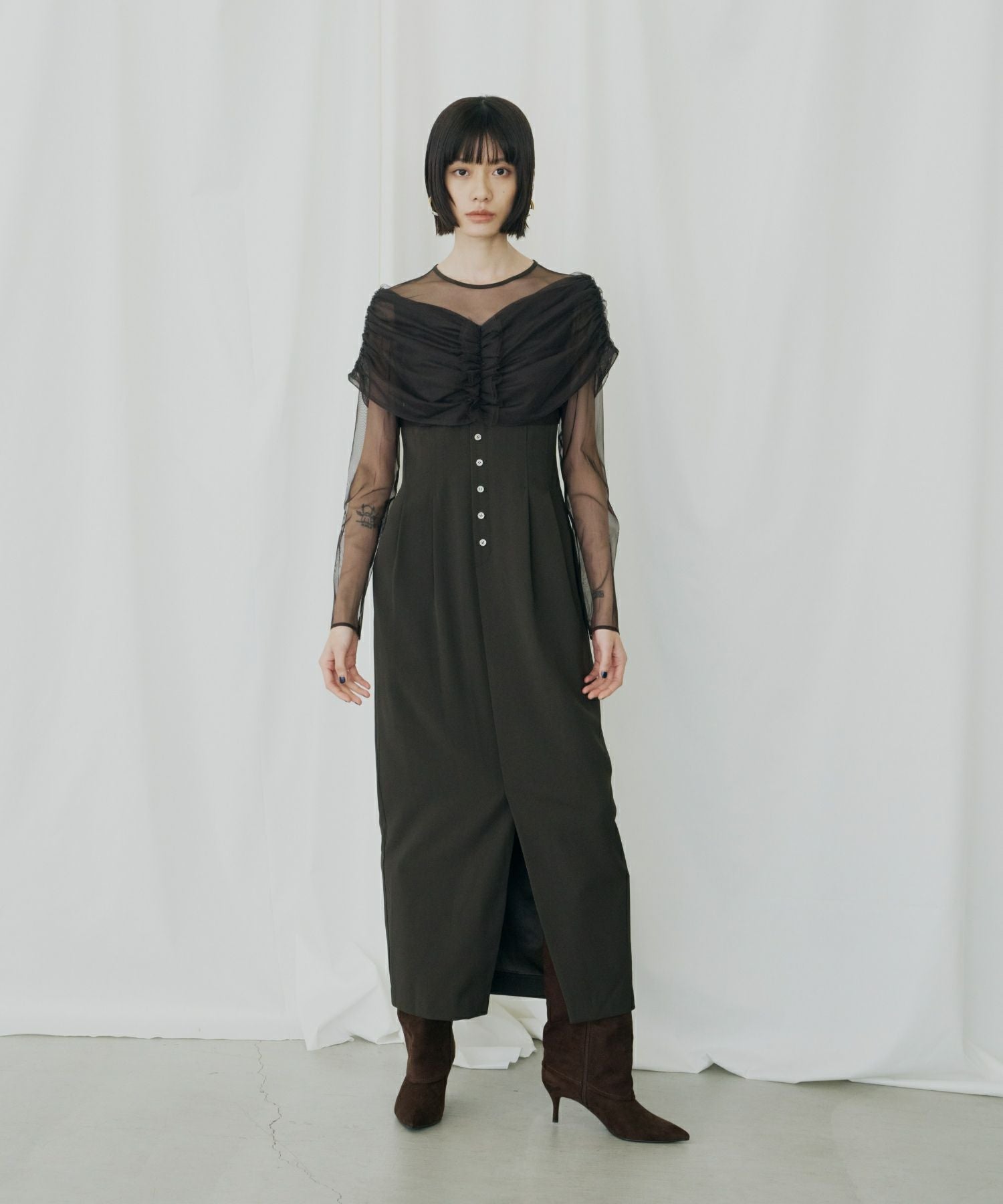 sheer gathered column dress | ANDRESD