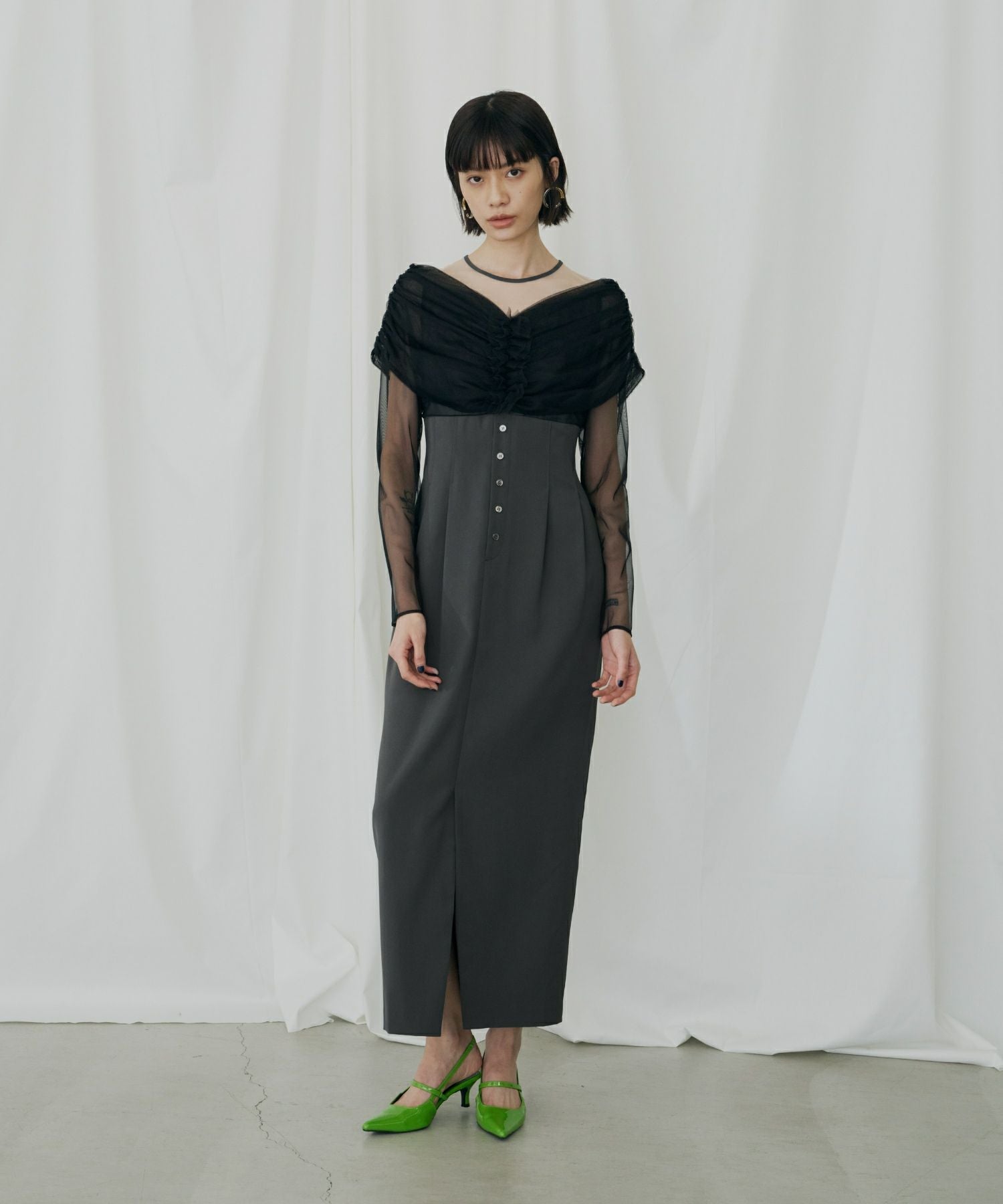 匿名配送【ANDRÉSD】cocoon random bare dress sheer gathered column dress | ANDRESD