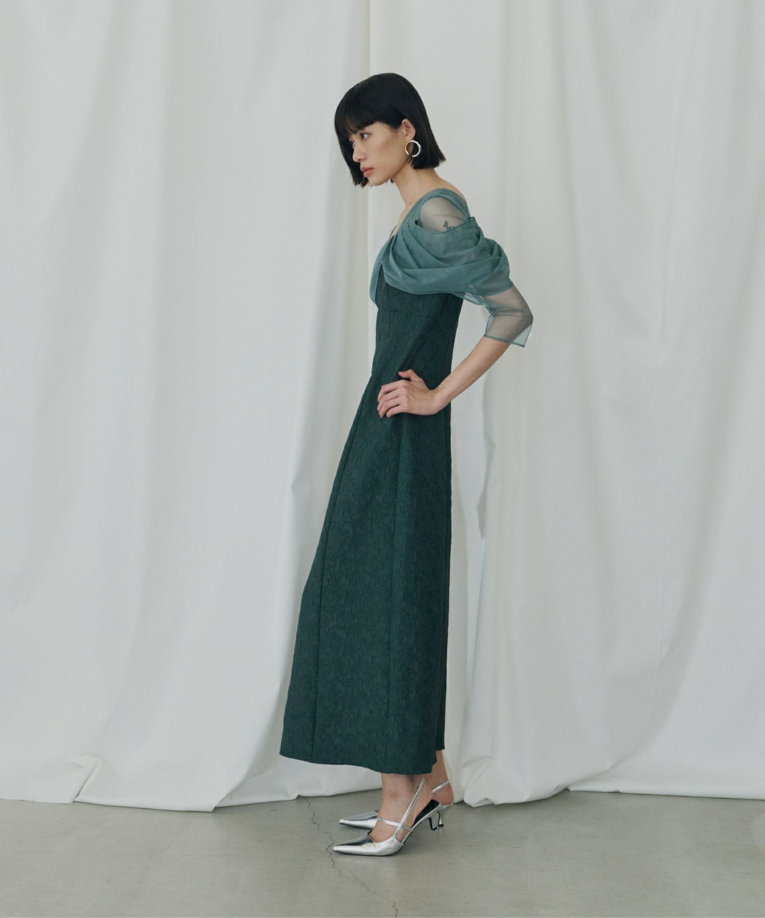 [新品]ANDRÉS D Vラインジャカードドレス オリーブグリーン tulle drape jacquard dress | ANDRESD